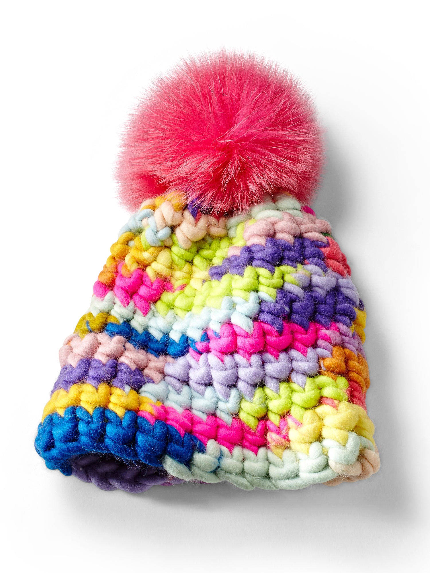 Faux Fur Pom Pom, 100% Merino Wool Hand Knit Chunky Hat, Chunky Knit Beanie, Knit Pom Pom Hat / / THE shops LINDEN, Made to Order, Rainbow Pom