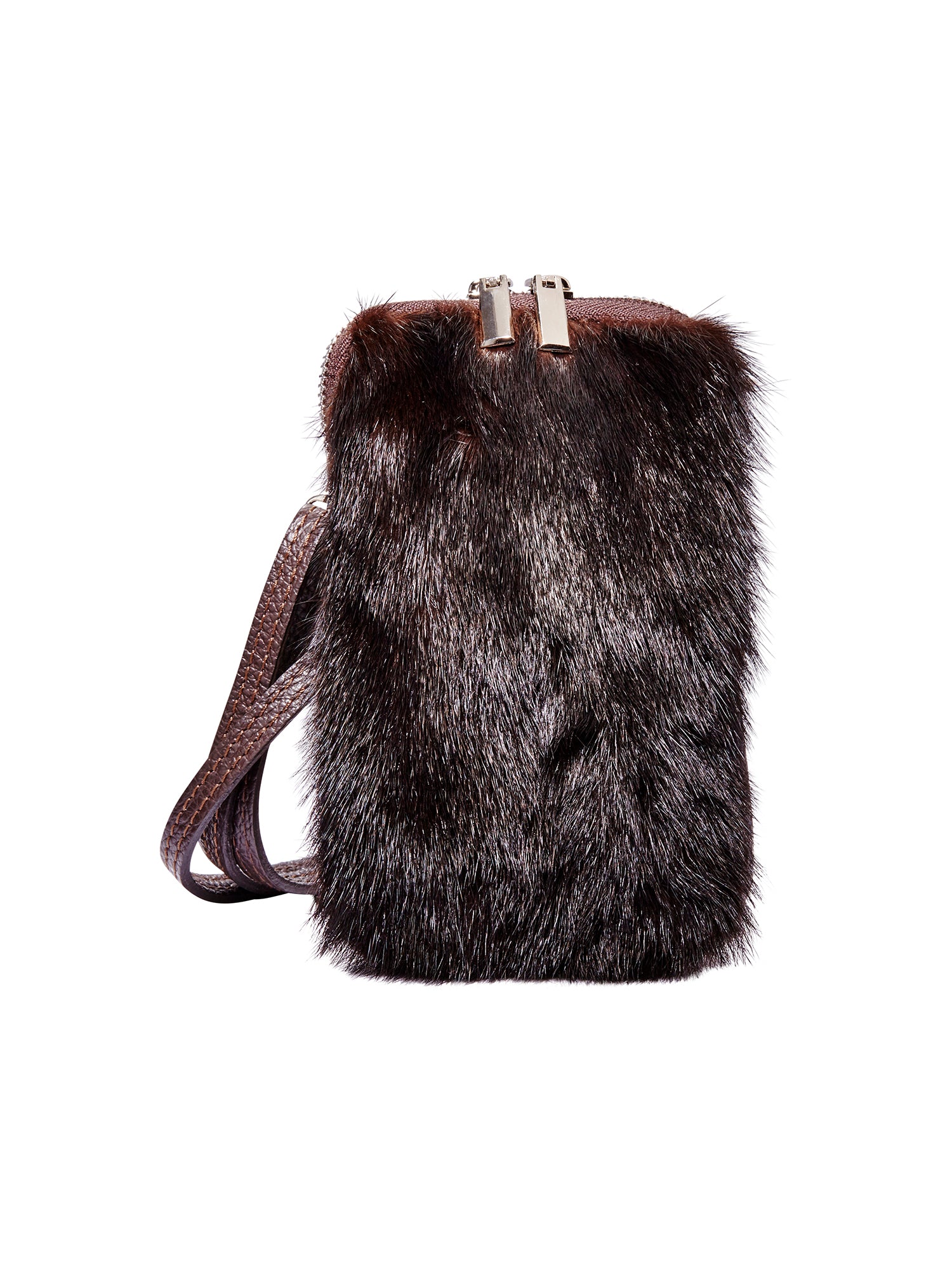 Corduroy Mink Fur Phone Bag with Leather Strap