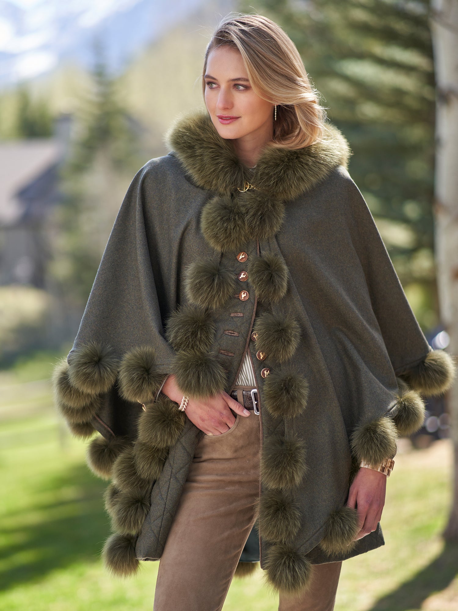 Faux Fur Green Trimmed Cape